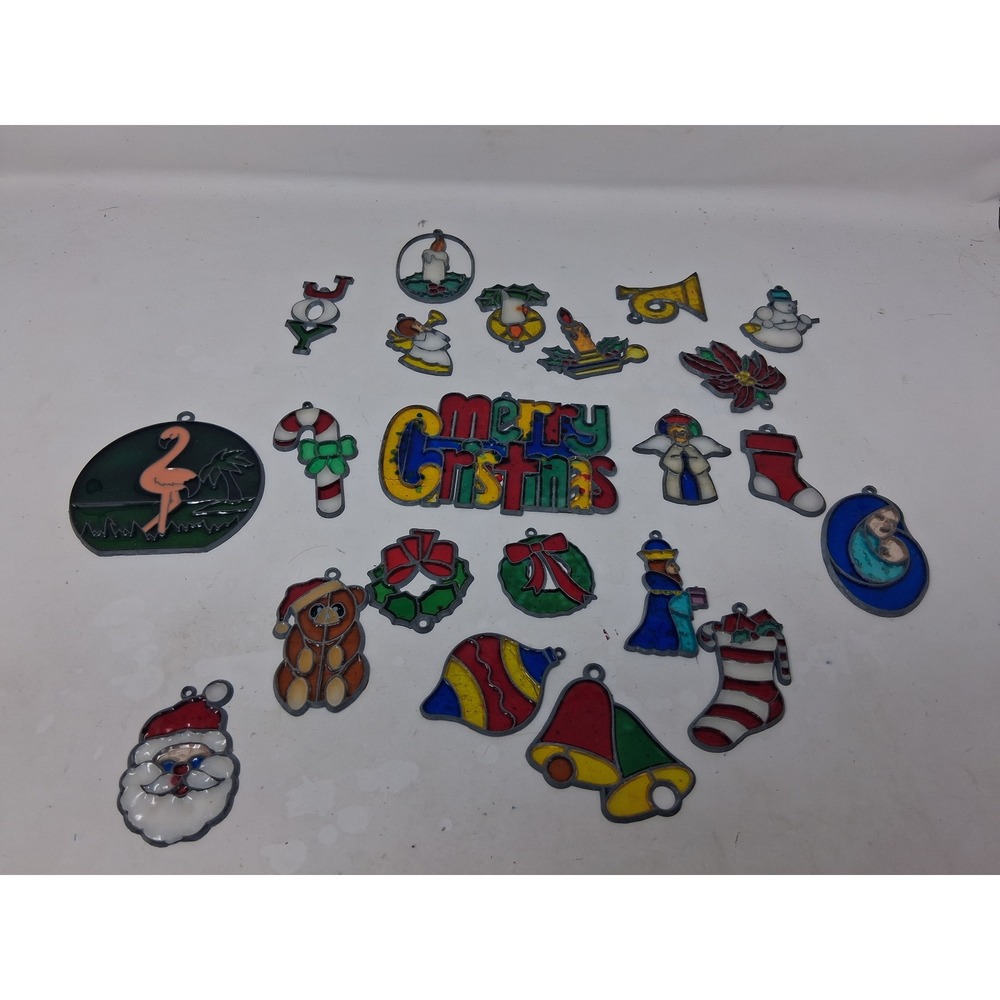 Vintage Faux Stained Glass Christmas Suncatcher Lot 22pc Santa Angel Flamingo. R